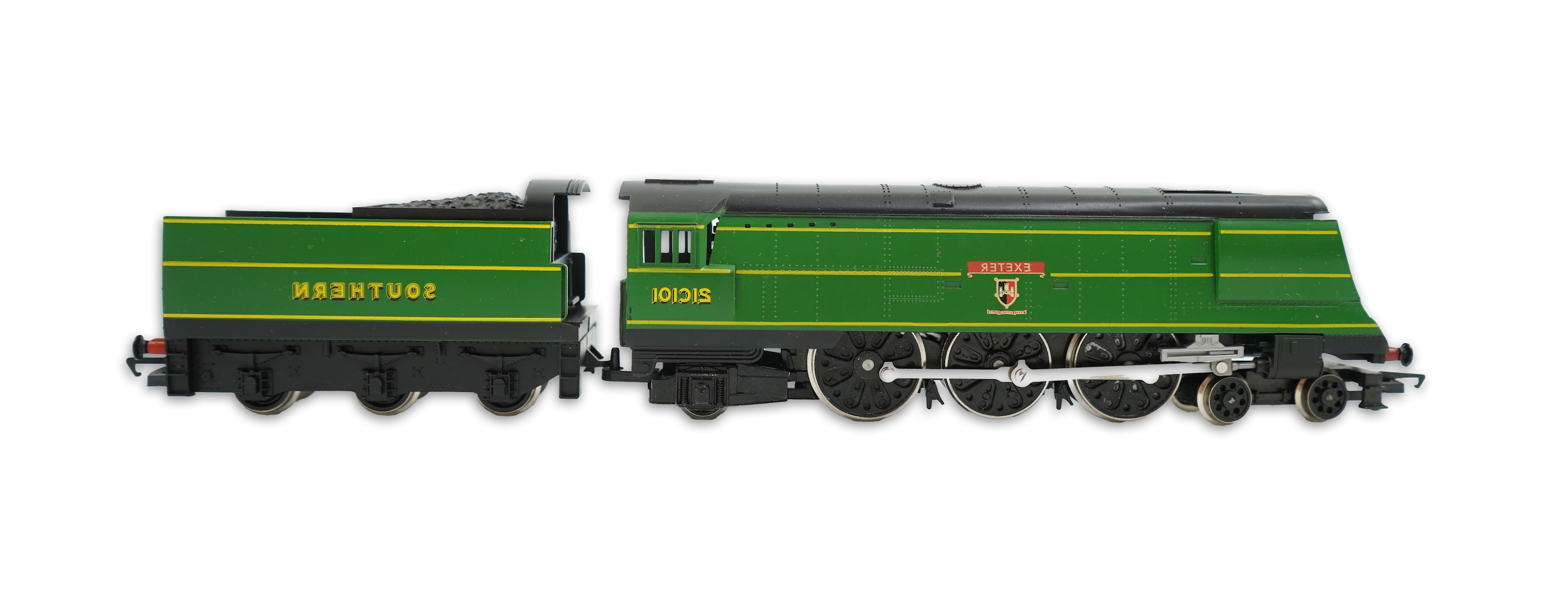 A wooden cased Hornby Railways 00 gauge railway Southern Railway West Country Class tender locomotive, Exeter 21C101